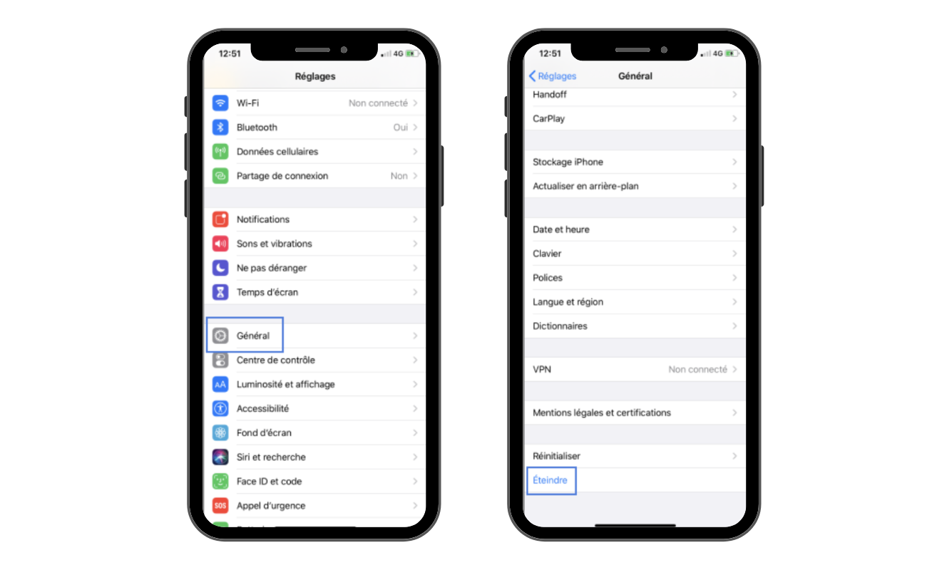 vue écran dans applications réglages pour éteindre iPhone 12